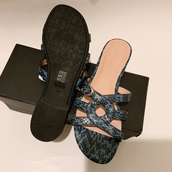 Coach Kennedy Mineral Leather Blue Black Snake Animal Print Flat Slide Sandal 10 - Picture 3 of 4